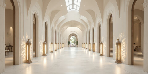 Fototapeta premium Arched Corridor with Floor Lanterns and Decorative Niches A grand hallway marked by a series of smooth, curved arches, lit