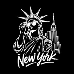 Lady liberty illustration featuring statue wearing sunglasses and holding coffee cup in front of city skyline. © Yusra
