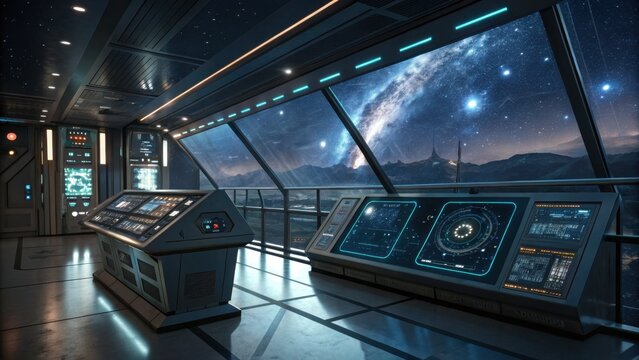 Futuristic spaceship control room with advanced technology and stunning galaxy view through large windows