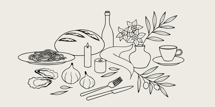 Dining table set with pasta bread and oysters for romantic dinner