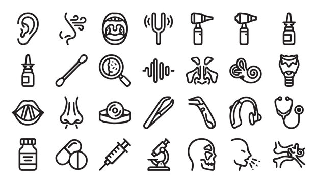 Set of medical and healthcare line icons for otolaryngology and diagnostics