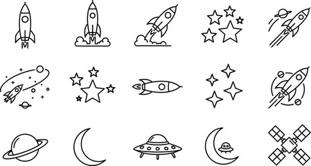 Space exploration icons set rockets planets ufos and stars silhouette isolated on transparent background © mdkamran