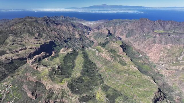 Aerial view of Parque rural del Nublo and Caldera de Tejeda, Gran Canaria, Canary Islands, Spain