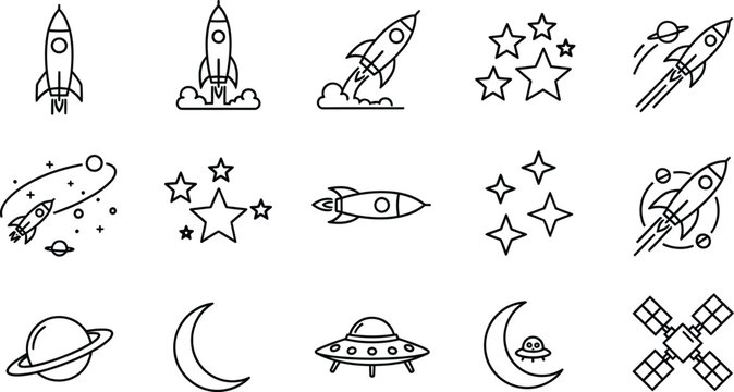 Space exploration icons set rockets planets ufos and stars silhouette isolated on transparent background