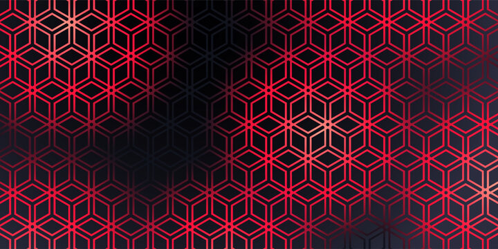 Dark gray and red horizontal hexagonal technology abstract vector background. red bright energy flashes under hexagon in futuristic modern technology wide banner. Dark gray honeycomb texture grid.
