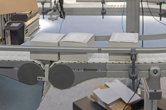 Packages Boxes at Conveyor Belt Holder Pause Transportation System Factory Production