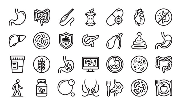 Digestive system and gut health icon set with digestive, gastroenterology