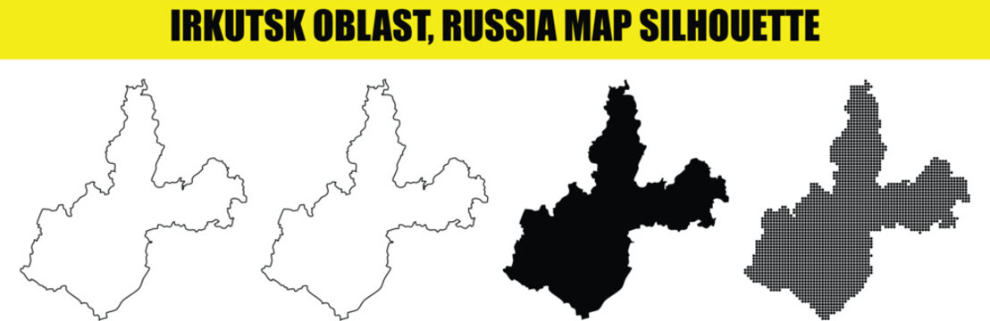 Irkutsk oblast russia map silhouette vector design set with solid contour and halftone pattern isolated on background.