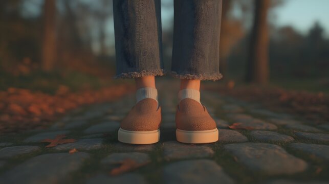 Front view of brown slip-on shoes with frayed jeans on a cobblestone path. Useful for footwear, casual fashion, autumn retail, and lifestyle campaigns.