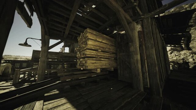 Shadowed Namibian timber stack inside shed, heavy beams piled tight, sunbeams slicing through slats, dust motes in air, gritty industrial texture and moody