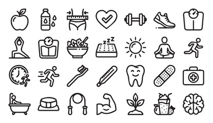 Fototapeta premium Healthy lifestyle and wellness linear icon set with wellness, lifestyle