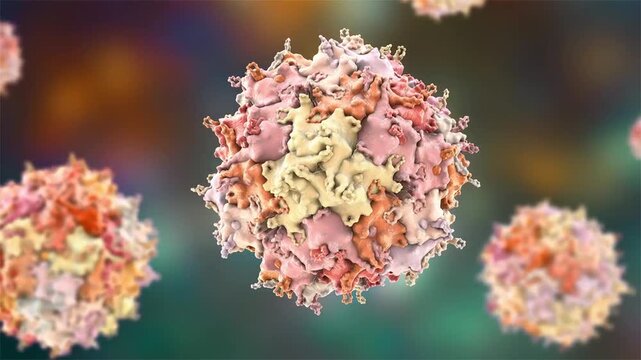 Adeno-associated virus particles slowly rotating and drifting in fluid, detailed capsid structure visualised, molecular virology concept, 3D animation.