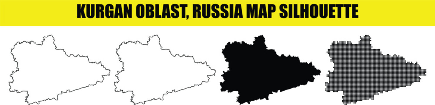 Kurgan oblast russia map silhouette vector design set with solid contour and halftone pattern isolated on background.