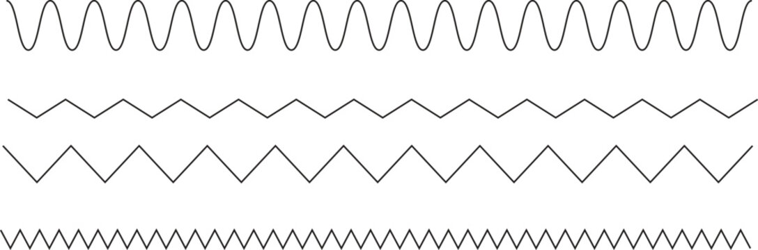 A collection of various continuous wave patterns displayed in parallel rows isolated on white background