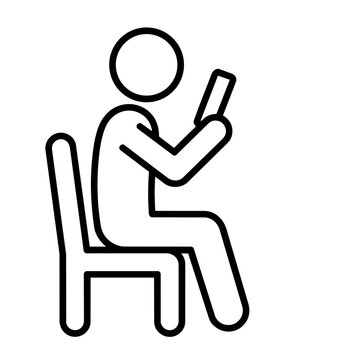 Man sitting on chair using smartphone stick figure icon, minimalist line art of person side view with mobile phone for social media browsing, waiting room, and tech lifestyle concept.