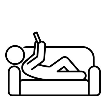 Man lying on sofa using smartphone stick figure icon, minimalist line art of person relaxing on couch with mobile phone for social media browsing, leisure time, and tech lifestyle concept.