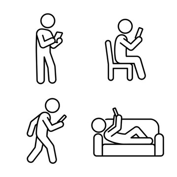 Man using smartphone stick figure icon set vector. Person standing, sitting on chair, walking, and lying on sofa with mobile phone lifestyle concept