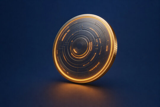 Futuristic Gold Circuit Coin with Glowing Orange Ring on Dark Blue