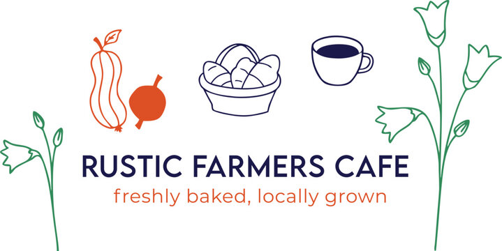 Rustic Farmers Cafe logo with fresh baked goods and locally grown produce illustration