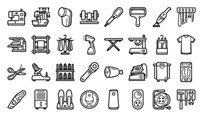 Naklejka premium Garment care and laundry equipment outline icon collection with clothing