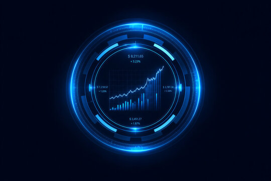 Glowing Circular Analytics HUD with Financial Data Dashboard