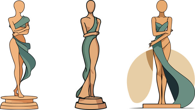 Classical Greek statue vector set, elegant female sculpture figurines with teal drapery, ancient marble goddess icons for museum and history branding