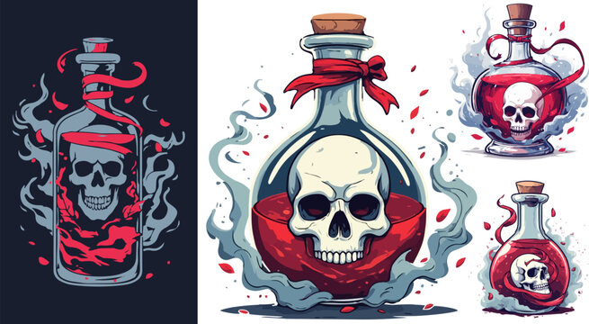 Gothic poison potion bottle vector set, spooky skull inside glass flask with red liquid, mystical alchemy elixir collection for halloween and gaming