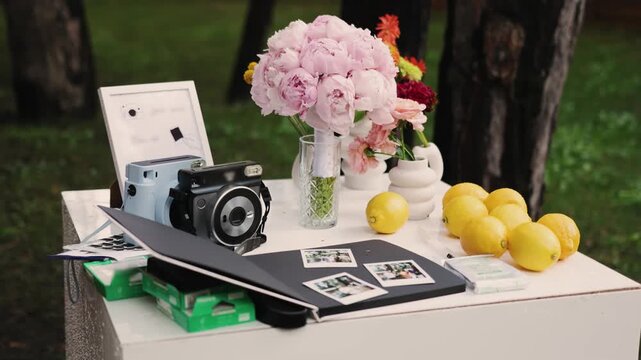 Bridal bouquet with peonies on guest book table with instant cameras. Wedding photo zone decoration at outdoor marriage reception in slow motion. Romantic morning details. 4K lifestyle footage.