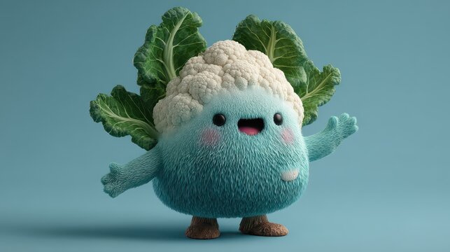 Cute cartoon character that looks like a friendly cauliflower with big leafy greens and a smiling face in a light blue background