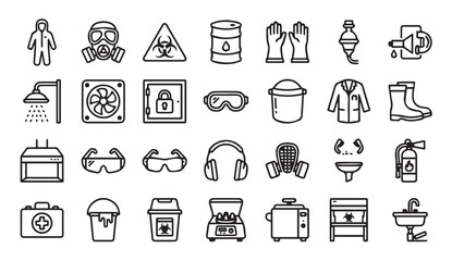 Fototapeta premium Industrial safety and hazardous material handling line icon set with industrial