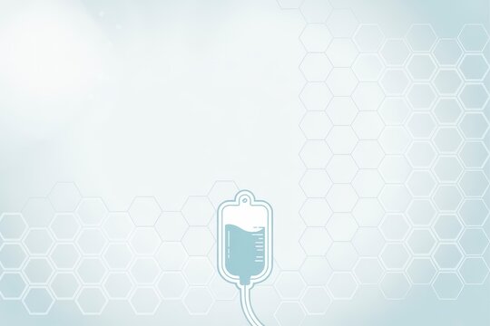 Intravenous fluid drip bag with a scientific hexagonal pattern conveying modern medical treatment and care