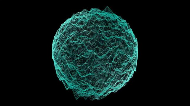 Cyan abstract wireframe sphere with intricate patterns on black