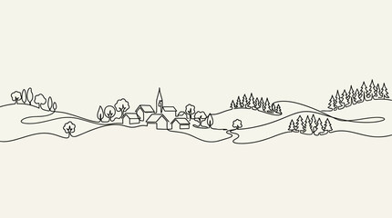 Minimalist continuous line art of a small village landscape. © ida
