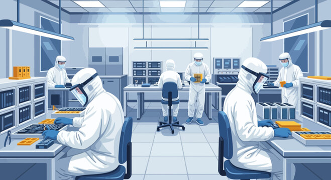 Workers in lab coats and masks.