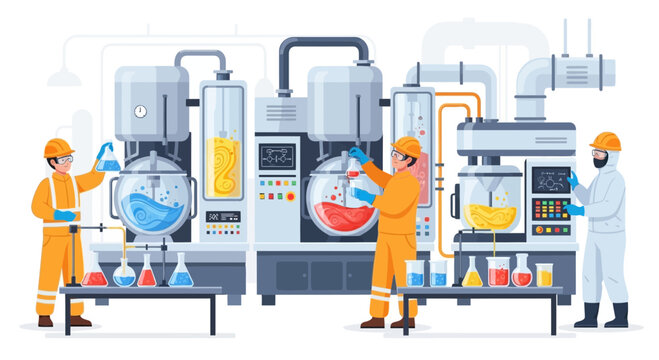 Workers in lab coats and safety gear.