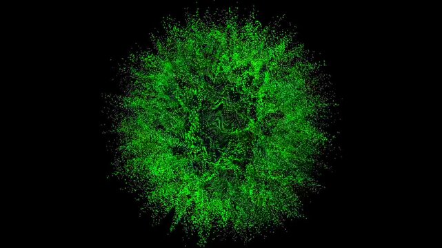 Abstract green particle explosion with dark background burst energy