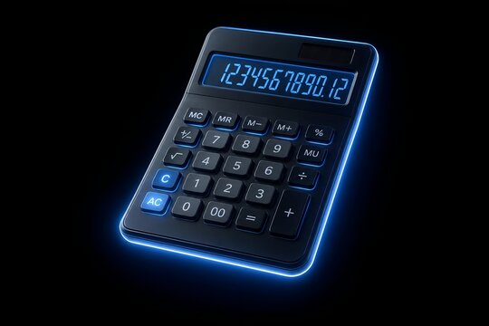 Black Calculator with Blue Neon Glow Floating on Dark Background