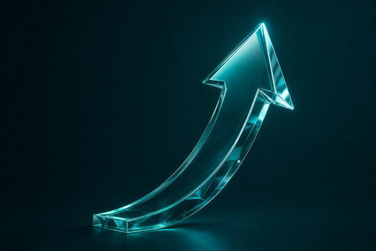 Glowing Teal Glass Arrow Curving Upward on Dark Teal Background