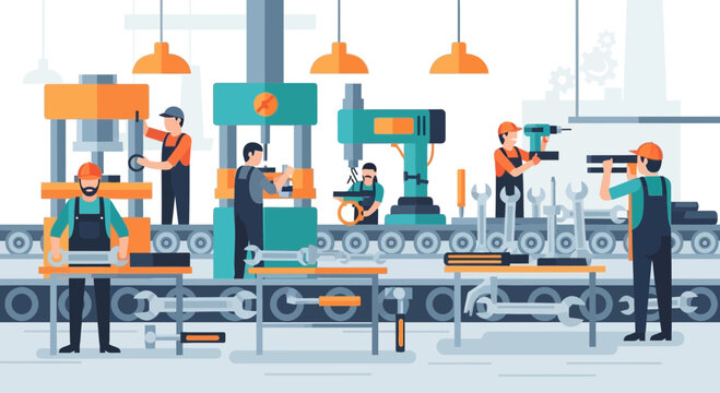Industrial workers operating heavy machinery.