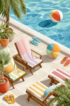 Sunny poolside scene with pastel loungers, beach balls and palm plants for summer relaxation