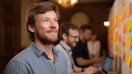 Obraz premium Two men are engaged in a positive collaborative discussion in a warm professional indoor setting
