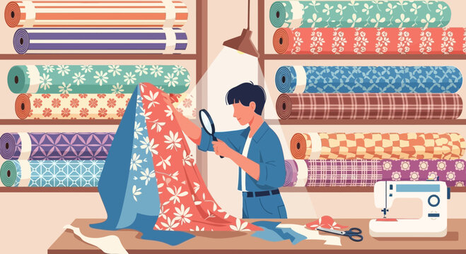 Man working with colorful fabric material.