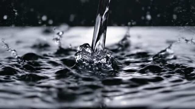 Dynamic liquid stream cascading forcefully onto a dark, reflective surface, creating a captivating and energetic display of splashing droplets and mesmerizing waves in a high-speed motion