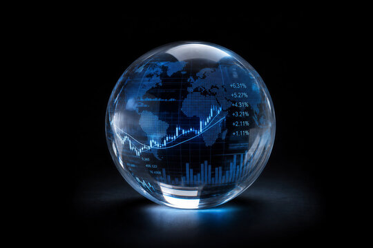 Crystal Ball Globe with Blue Stock Market Data on Black Background
