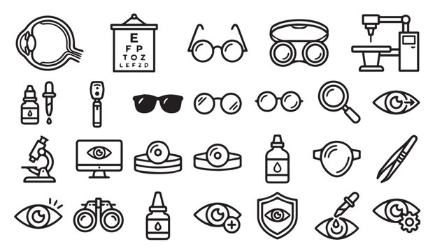 Ophthalmology and eye care outline icon set with ophthalmology, optometry