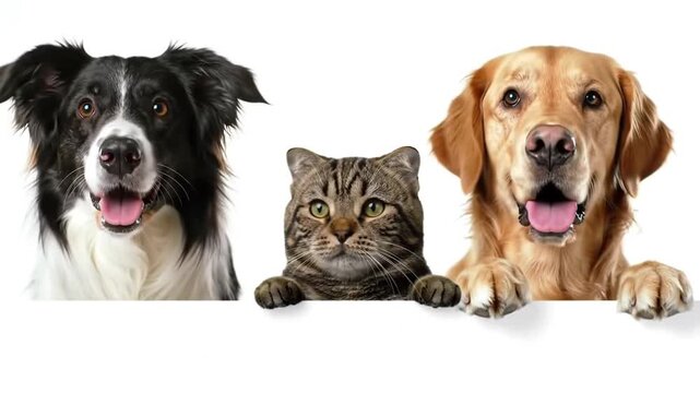 Dog and cat portraits isolated on white background looking forward