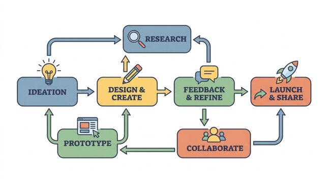 Business process flow chart diagram with steps and icons.