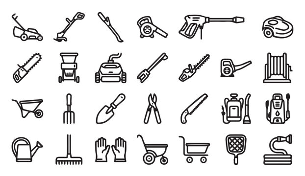 Gardening and lawn maintenance equipment line icon set with gardening, equipment