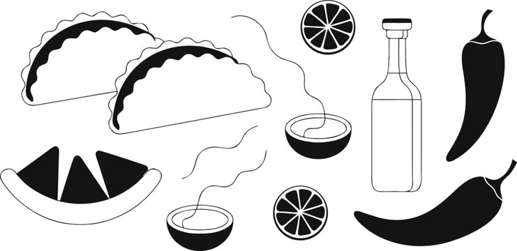 Mexican food collection with tacos chili peppers lime slices and sauce bowls in minimalist flat style