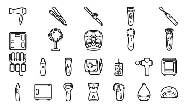 Personal care and beauty appliance line icon collection with grooming, appliance